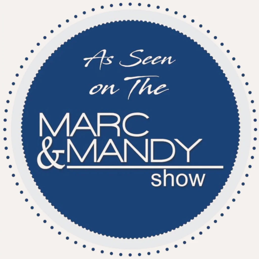 As Seen on the Marc + Mandy Show badge in navy blue and white.