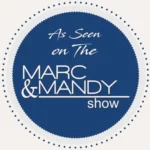 As Seen on the Marc + Mandy Show badge in navy blue and white.