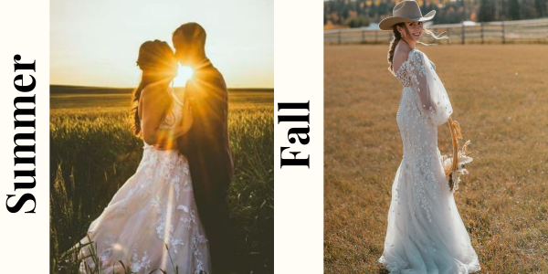 A two-photo collage showcasing brides and grooms at a country wedding venue, with soft sunlight illuminating the couple in one image and a scenic outdoor ceremony in the other, highlighting the venue's natural beauty and romantic ambiance.